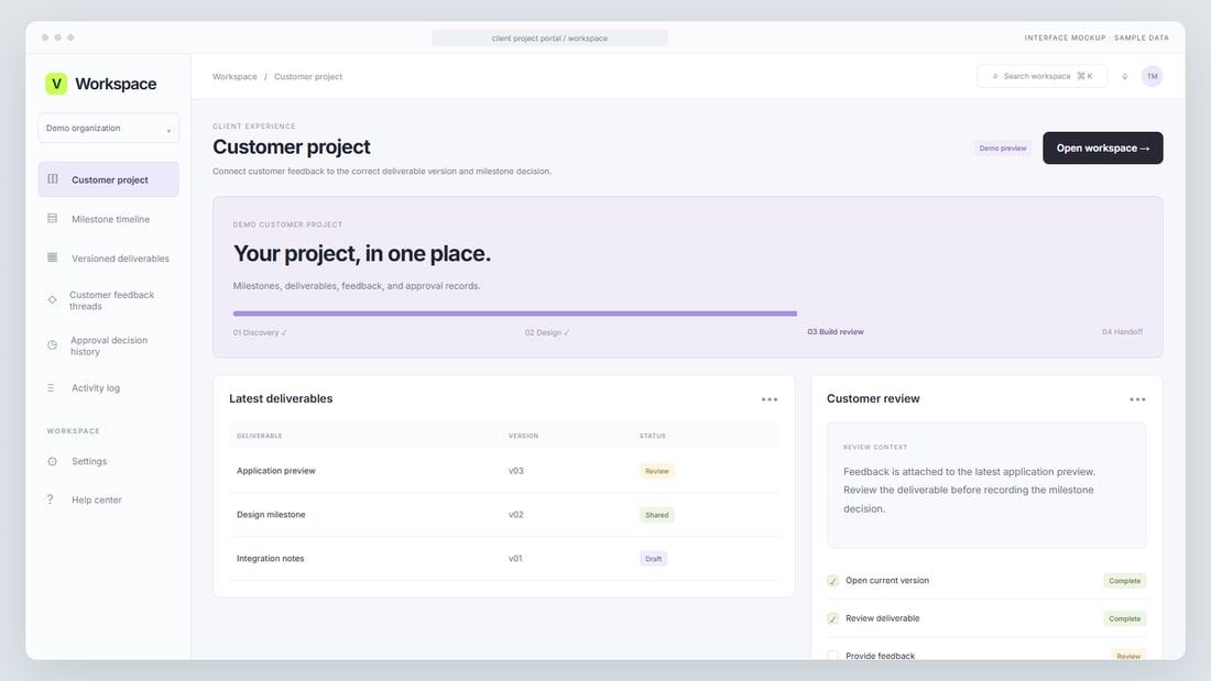 Interface mockup: Customer project interface with sample data