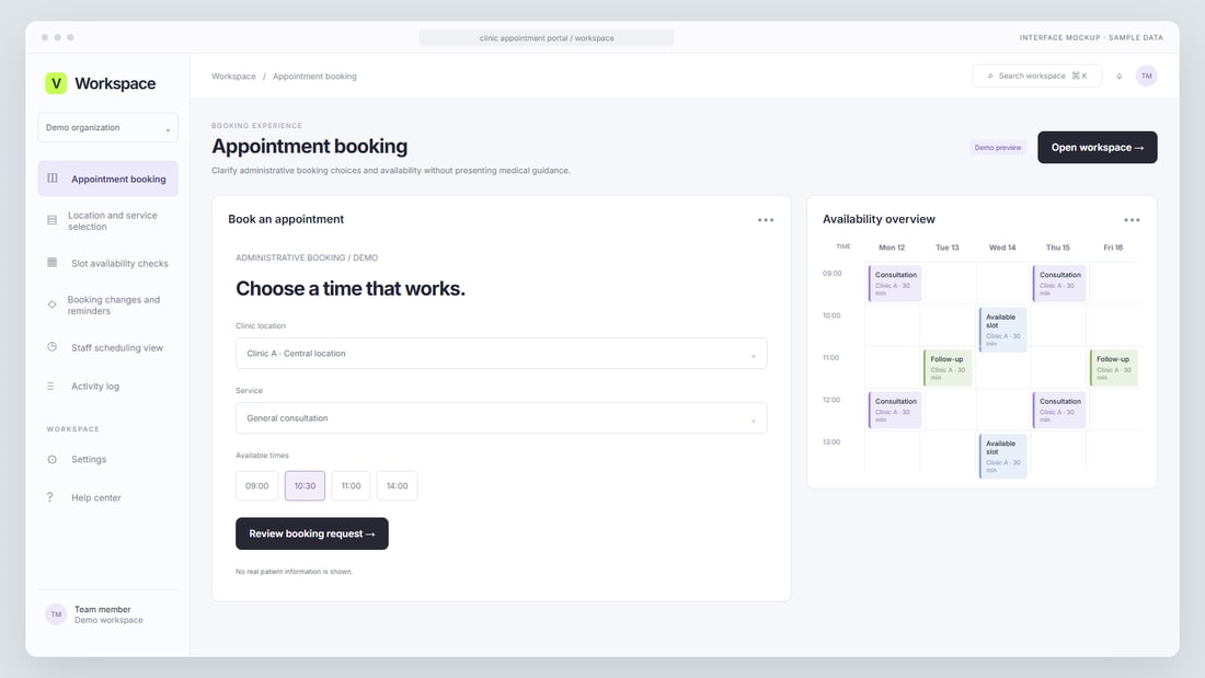 Generated visualization: Clinic scheduling tiles, locations, booking confirmation, and reminders