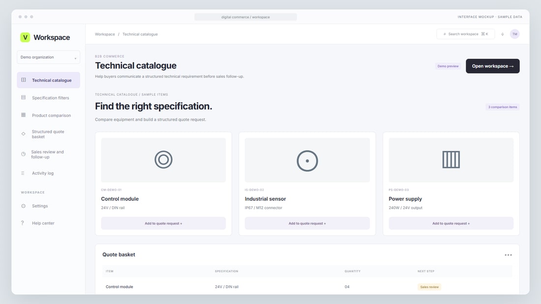 Interface mockup: Technical catalogue interface with sample data