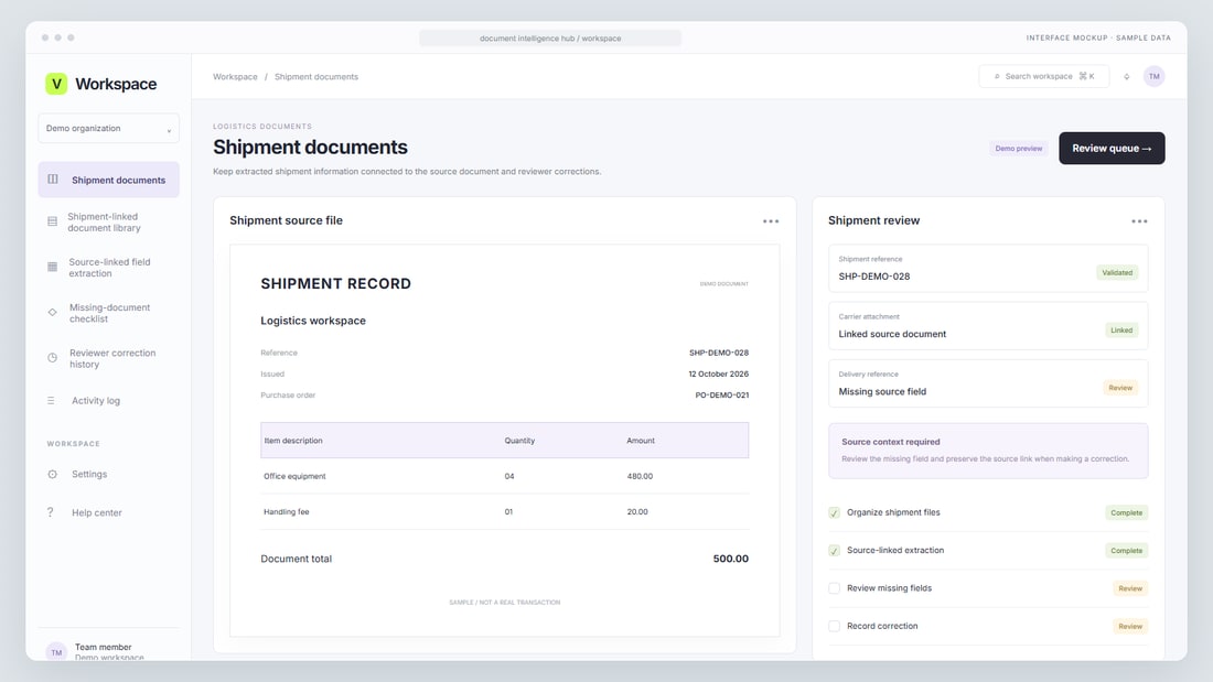 Interface mockup: Shipment documents interface with sample data