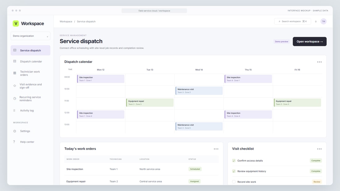 Interface mockup: Service dispatch interface with sample data