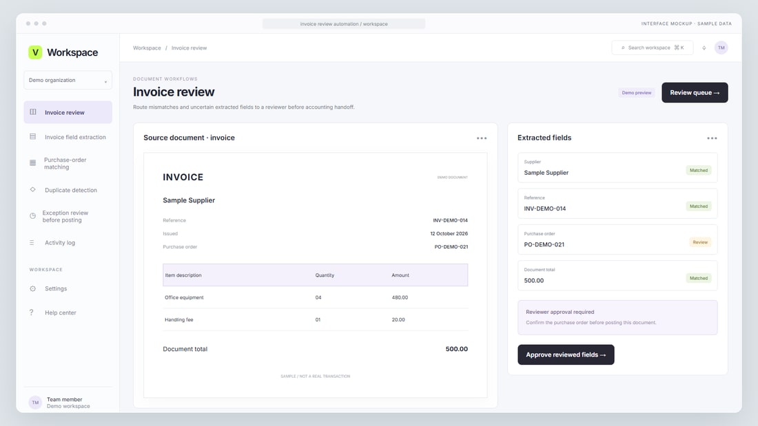 Interface mockup: Invoice review interface with sample data