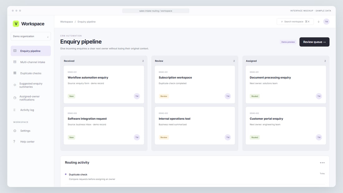 Interface mockup: Enquiry pipeline interface with sample data